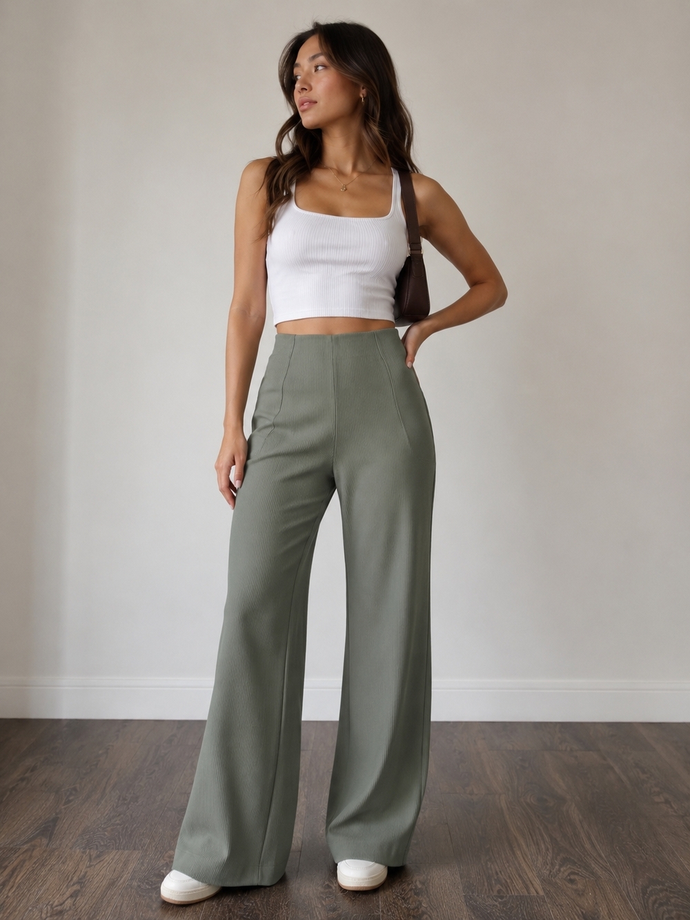 High-Waist Wide-Leg Pants in Sage Green